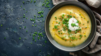 Poster - A bowl of creamy potato soup topped with chives and sour cream