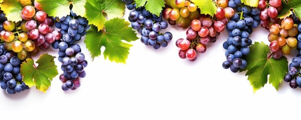 A bunch of grapes and leaves are arranged in a row. The grapes are of different colors, including blue, purple, and red. The leaves are green and add a natural touch to the arrangement. 