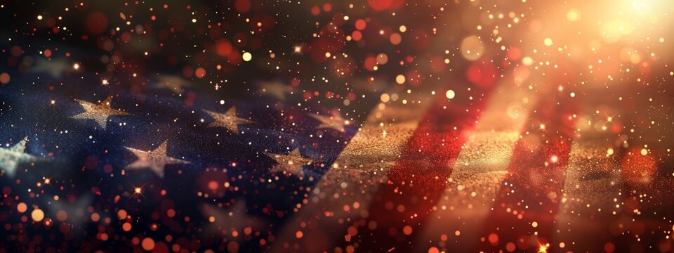Vintage American flag with fireworks and bokeh lights on a dark background for a US national holiday