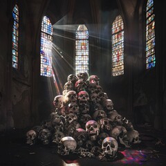 Sticker - A pile of skulls in a church with stained glass windows