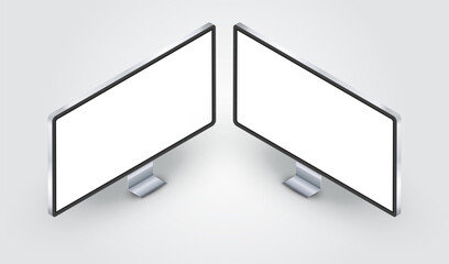 Computer monitor mockup isometric view with white empty screen for display your ux design, site, presentation and web project. Realistic two 3d smart led tv standing on desk with shadow.
