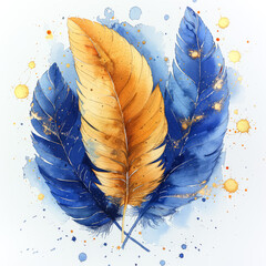 Wall Mural - Three feathers with gold and blue colors