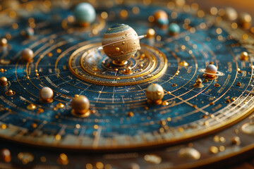 Poster - an intricate model of the solar system, highlighting the planets' orbits. concept of astronomy and e