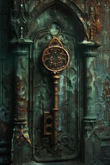 Poster - Golden key in an old gothic doorway for fantasy and historical designs