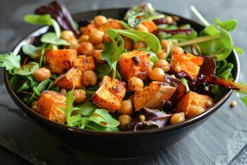 A vibrant and nutritious bowl of mixed greens with roasted sweet potatoes and chickpeas