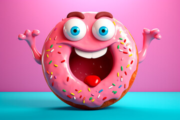 Wall Mural - Pink donut on blue pink background. Amazed and cute being. National Donut Day. Template for website, blog, roadside cafe advertisement, confectionery, bakery.
