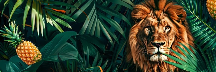 Wall Mural - Majestic Lion Holding a Pineapple Surrounded by Vibrant Tropical Foliage and Leaves. Digital with Copy Space for Text or Graphic Overlay.