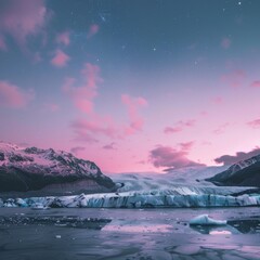 Sticker - A beautiful, serene landscape with a pink sky and a large body of ice