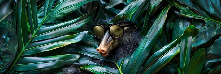 Wall Mural - Whimsical and playful digital of a funny anteater wearing sunglasses,surrounded by lush tropical foliage and plants. Vibrant and colorful wallpaper with ample copy space for text overlay or design.