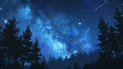 Starry night sky with milky way and silhouetted trees, serene nature scenery. Cosmic and wonder concept