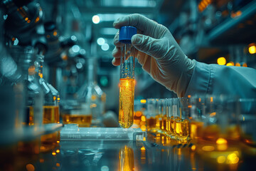 Poster - A scientist holding a test tube in a lab filled with equipment. Concept of research and innovation. Generative Ai.