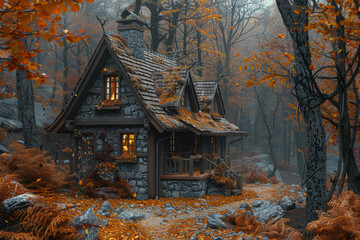 Poster - a rustic cabin in the woods, surrounded by autumn leaves. concept of retreat and nature. generative 
