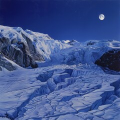 Wall Mural - A painting of a mountain range with a large moon in the sky