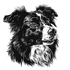 A black and white drawing of a Border Collie dog