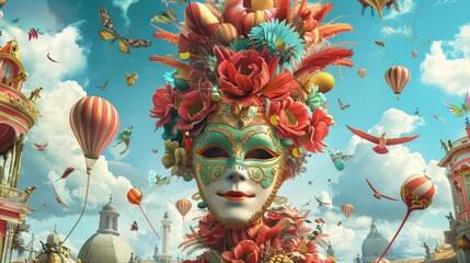 Energetic carnival procession with a theatrical mask and wig design,paired with a dynamic arrangement of floating elements in a vibrant and whimsical theme park environment.