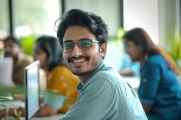 Wall Mural - Happy young Indian male employee wearing glasses in modern office with colleagues. Handsome manager smiling, working on financial and marketing projects