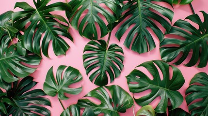 Wall Mural - Fresh green monstera leaves on pink surface View from above Tropical foliage