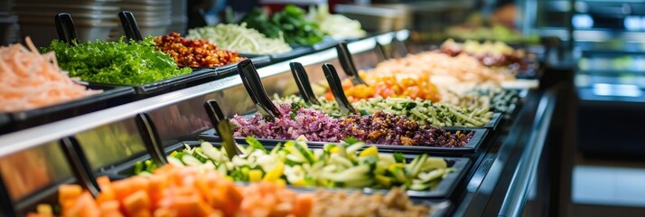 A line of metal bowls filled with colorful vegetables and salad. A vibrant display of fresh vegetables in a restaurant salad bar. Fresh vegetables in a salad bar at a restaurant. Vegan Food.