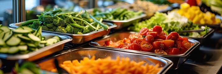 Wall Mural - A line of metal bowls filled with colorful vegetables and salad. A vibrant display of fresh vegetables in a restaurant salad bar. Fresh vegetables in a salad bar at a restaurant. Vegan Food.