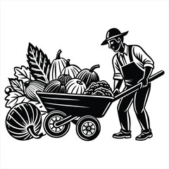 Farmer pushing wood wheelbarrow with autumn harvest black vector art illustration