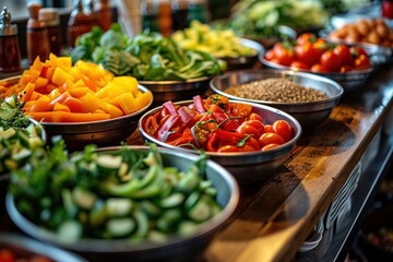 Wall Mural - A line of metal bowls filled with colorful vegetables and salad. A vibrant display of fresh vegetables in a restaurant salad bar. Fresh vegetables in a salad bar at a restaurant. Vegan Food.