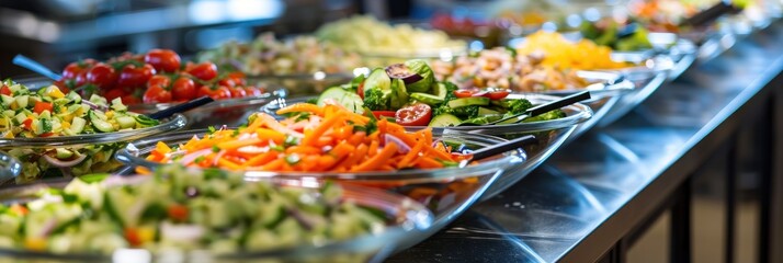 Wall Mural - A line of metal bowls filled with colorful vegetables and salad. A vibrant display of fresh vegetables in a restaurant salad bar. Fresh vegetables in a salad bar at a restaurant. Vegan Food.