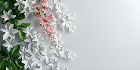 Sticker - Floral 3D Wall Texture Featuring Geometric Leaves in White, Pink, and Lime. Concept Floral Design, 3D Wall Texture, Geometric Leaves, White, Pink, Lime Green
