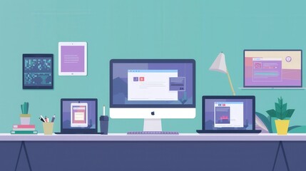 Fototapete - A modern office workspace with sleek desktops and laptops displaying vibrant apps and work processes. Generative AI