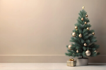 Wall Mural - Decorated Christmas tree with gold ornaments and gift. Empty beige wall scene mockup. Promotion background.