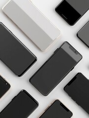 Aufkleber - A flat lay photo featuring several modern smartphones arranged at different angles on a white surface. Perfect for showcasing mobile technology and smartphone accessories. Generative AI
