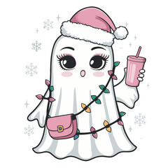 A kawai  animated ghost is depicted wearing a Santa hat and holding a festive drink