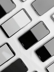Poster - A close-up image featuring several modern smartphones arranged diagonally on a white background. Generative AI