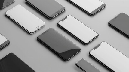 Aufkleber - A flat lay image of modern smartphones on a grey surface, perfect for showcasing mobile technology and accessories. Generative AI