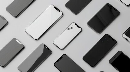 Poster - A collection of modern smartphones arranged in different angles on a white background, showcasing their sleek design and contemporary technology. Generative AI