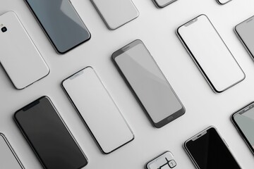 Aufkleber - Multiple smartphones of different sizes and angles are arranged on a white surface. The screens are blank, perfect for mockups and showcasing accessories. Generative AI