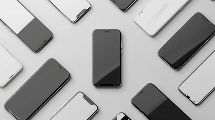 Fototapete - A flat lay image of multiple modern smartphones arranged in different angles on a grey background. Generative AI