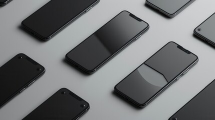 Fototapete - A flat lay of several modern smartphones arranged in various angles on a grey background. The phones are in focus, with their screens turned off. Generative AI