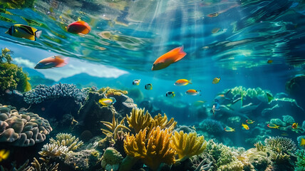 Wall Mural - Multi colored fish swim in transparent reef waters, AI Generative