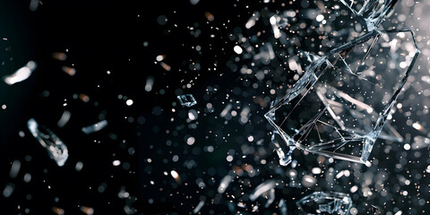 Dynamic glass texture featuring shattered pieces with bits and shards exploding in the air. Black backdrop contrasting with the fragments of broken glass pieces. Blur and bokeh motion effect.