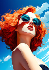 Wall Mural - Stylized portrait of a beautiful girl against a blue sky. Vibrant fashion illustration from low angle