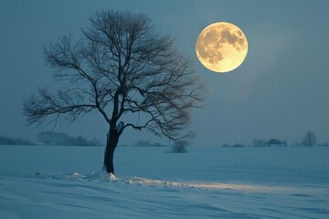 Sticker - Winter Night Landscape with Full Moon