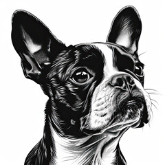 A black and white drawing of a Boston Terrier dog