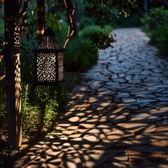 Poster - A lantern hanging from a tree casts a shadow on a stone path