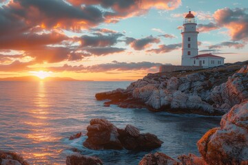 Wall Mural - Sunset Lighthouse at Rocky Seashore