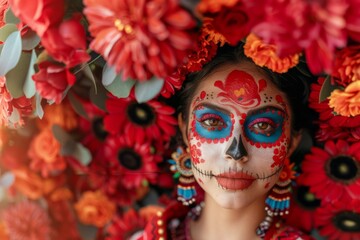 Wall Mural - Day of the Dead Face Art with Vibrant Flowers