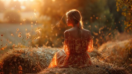 Wall Mural - A woman in a bright -orange dress sits on hay bales, looking at the sunset.