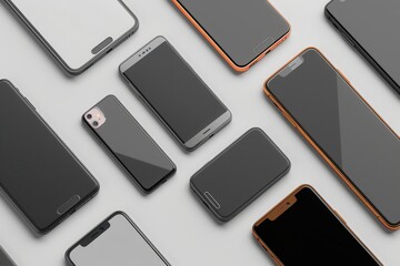 Poster - Several modern smartphones are displayed on a white background. They are arranged in different angles, showcasing their design and features. Generative AI