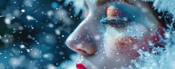 A close-up portrait of a model with creative snow fairy makeup, featuring intricate snowflake designs and shimmering blue and white colors. 