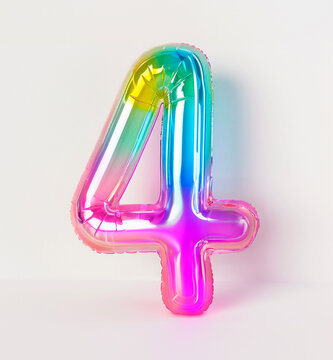AI generated photo with inflatable multicolored neon number 4. Minimalistic balloon isolated on a white background