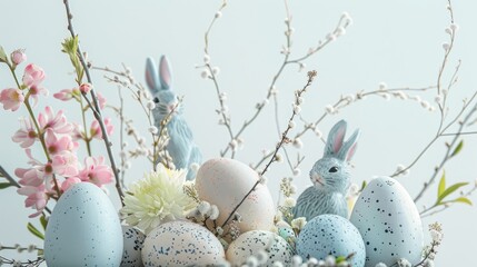 Wall Mural - Easter themed decoration with eggs bunny willow branches on white background Easter decor with spring bouquet Creates festive setting